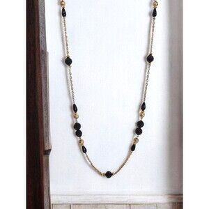 Premier Designs Necklace Faceted Black Beads Gold tone chain Long 38"